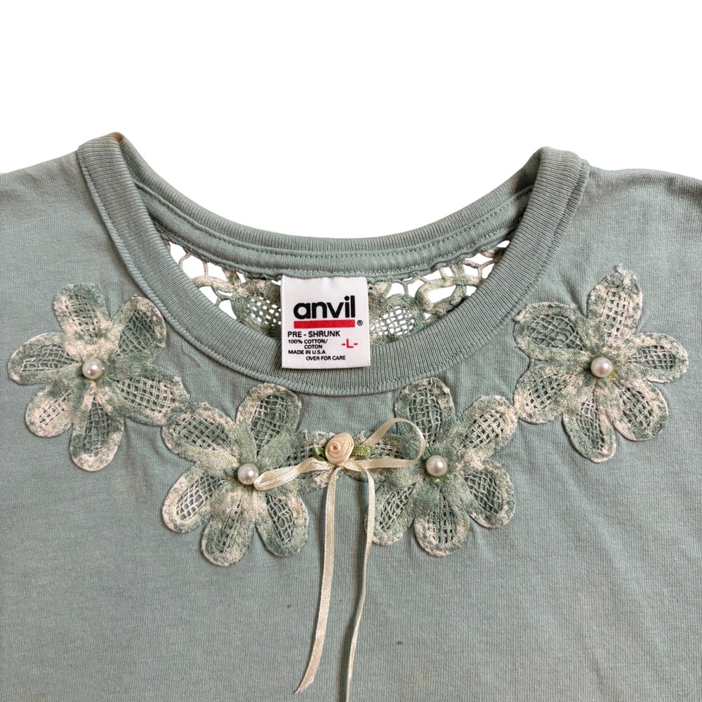 Anvil Floral Lace Neckline T Shirt Womens Short Sleeve Top Single Sticth Large